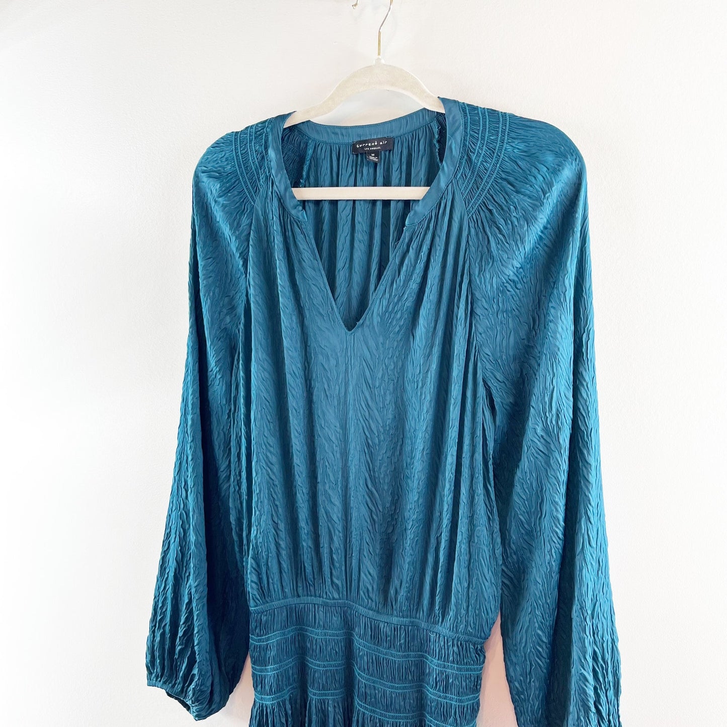 Current Air Long Sleeve Smocked Waist V Neck Satin Mini Dress Teal Medium
