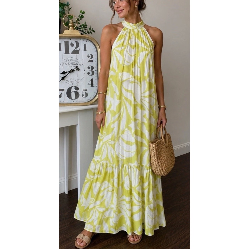 MSK Floral Tiered Halter Tie Back Maxi Sundress Chartreuse Green Small