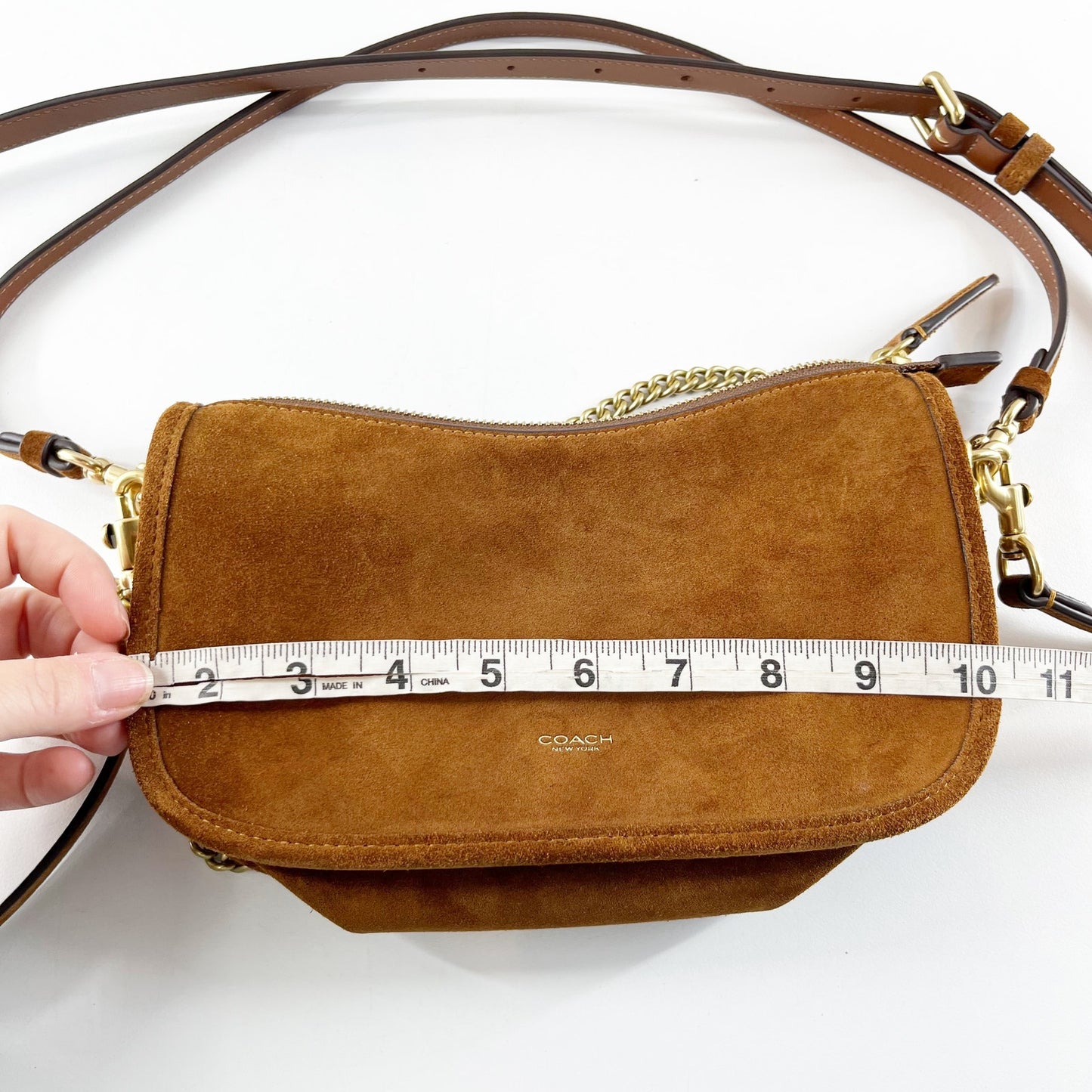 Coach Suede Waverly Shoulder Handbag Purse with Chain Strap Warm Brown