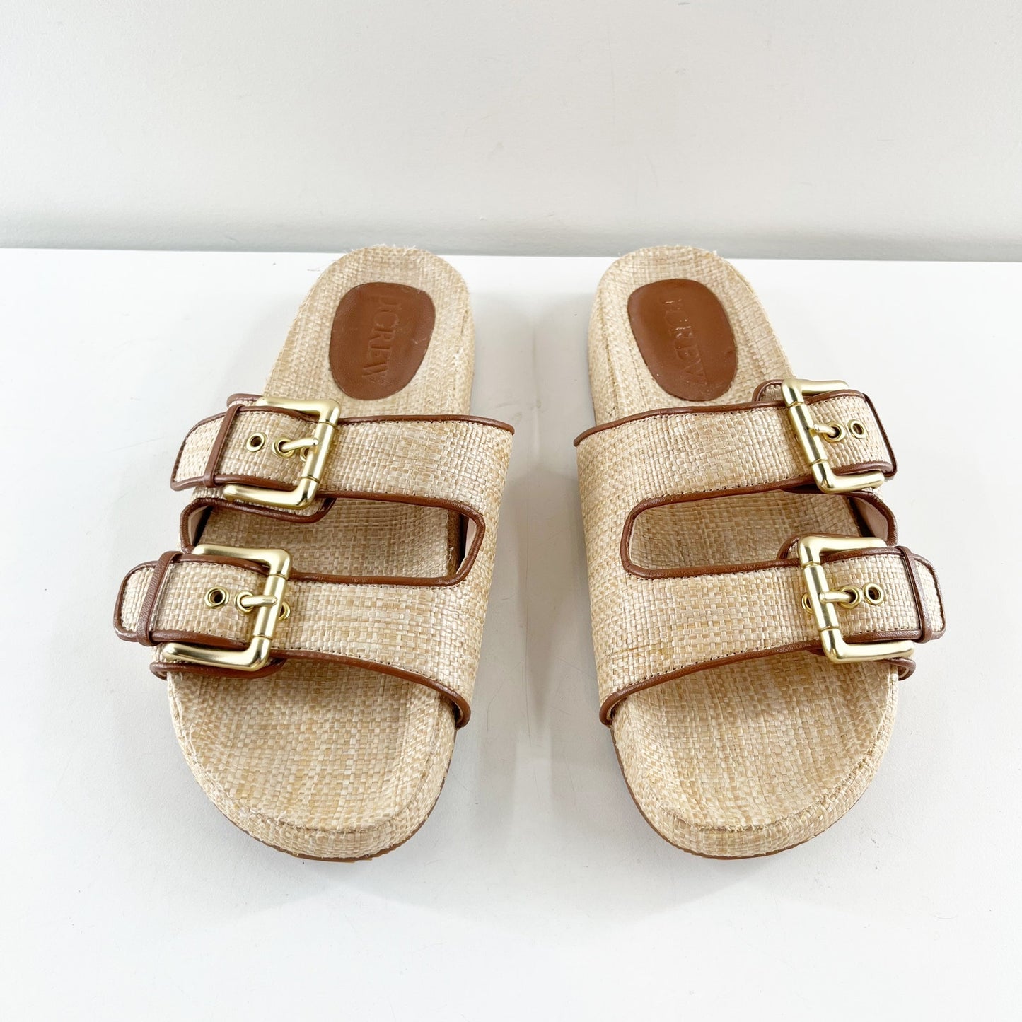 J. Crew Marlow Woven Raffia Leather Slip On Flat Slide Sandals Beige Tan 8.5