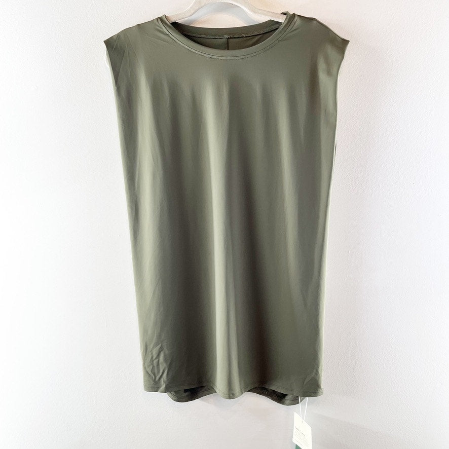Halara Round Neck Ruched Cool Touch Yoga Tank Top UPF50+ Grass Gray Green XL