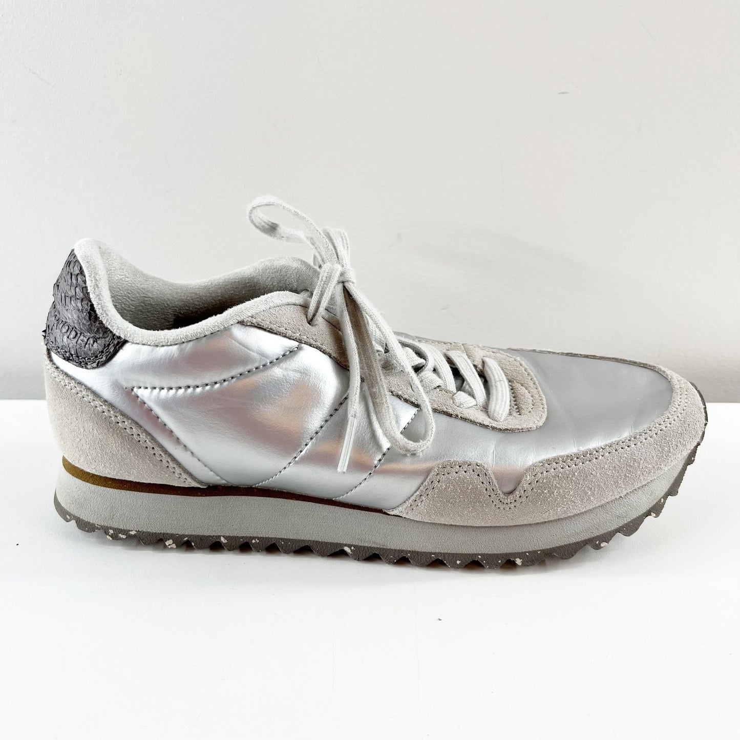 Woden Nora III Metallic Nylon Shoes Sneakers Sea Fog Gray Silver 6.5