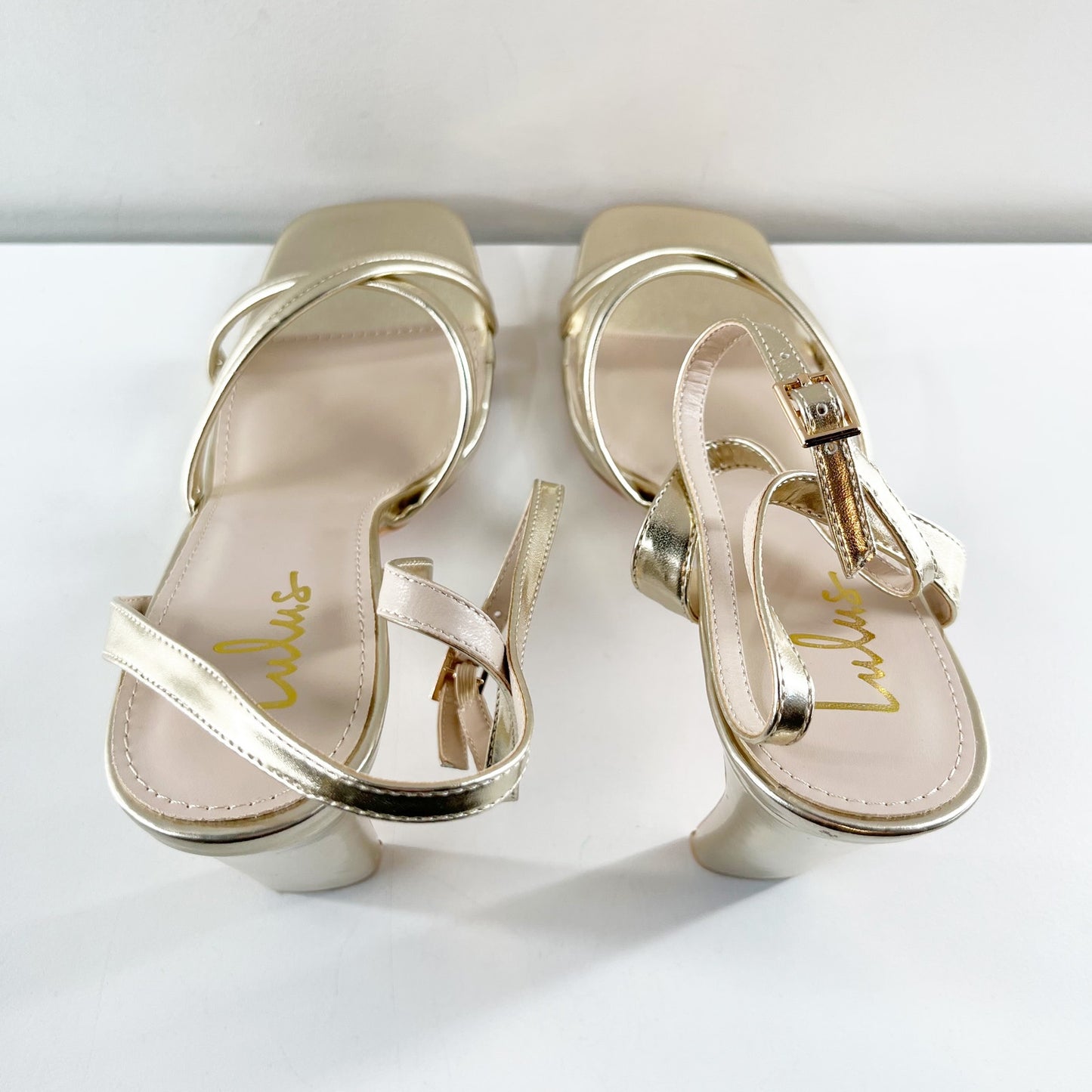 Lulus Milanii Square Toe Ankle Strap High Heel Sandals Metallic Gold 10