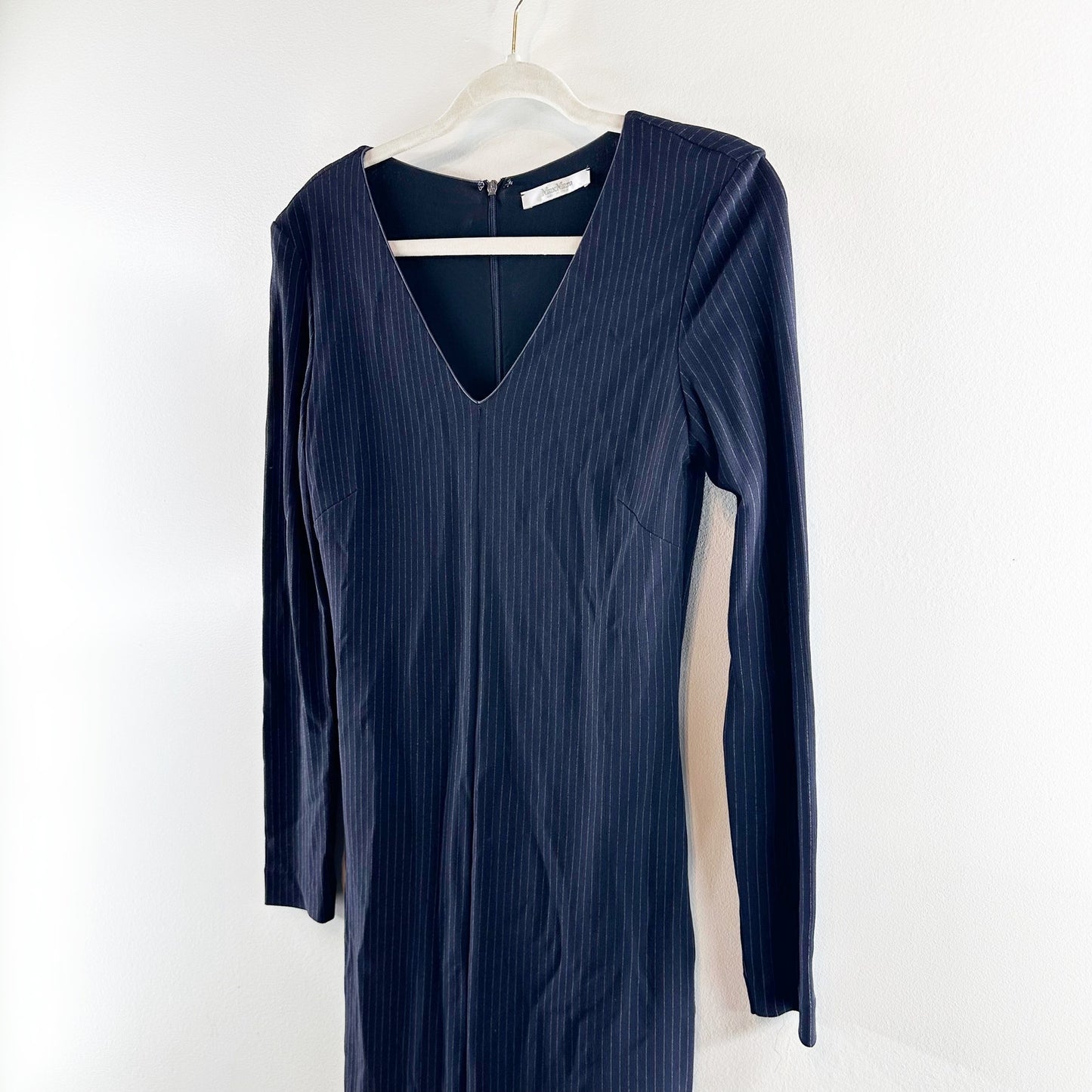 Hugo Boss V Neck Long Sleeve Pinstripe Midi Dress Navy Blue 6