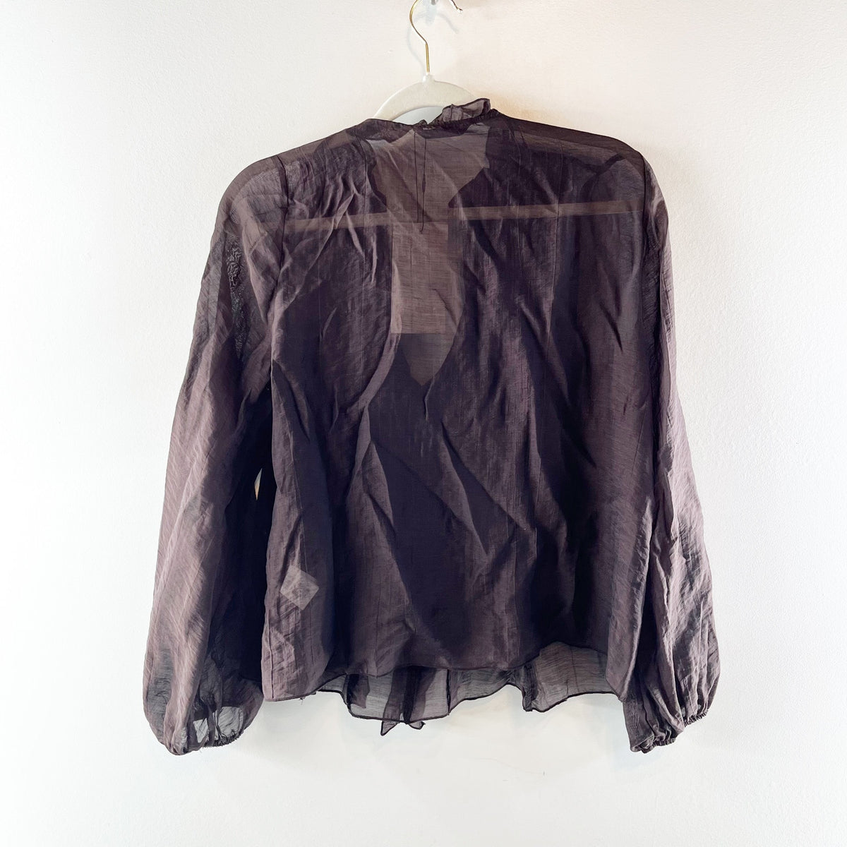 ZARA Long Sleeve Sheer Button Up Ruffle Blouse Chocolate Brown Small