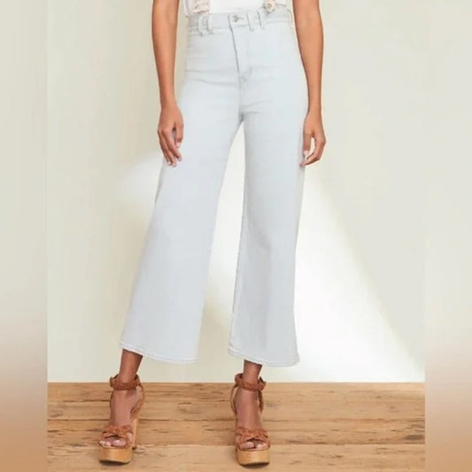 Veronica Beard Grant Braided Waist Extra High Rise Wide Leg Jeans Aspen Blue 10