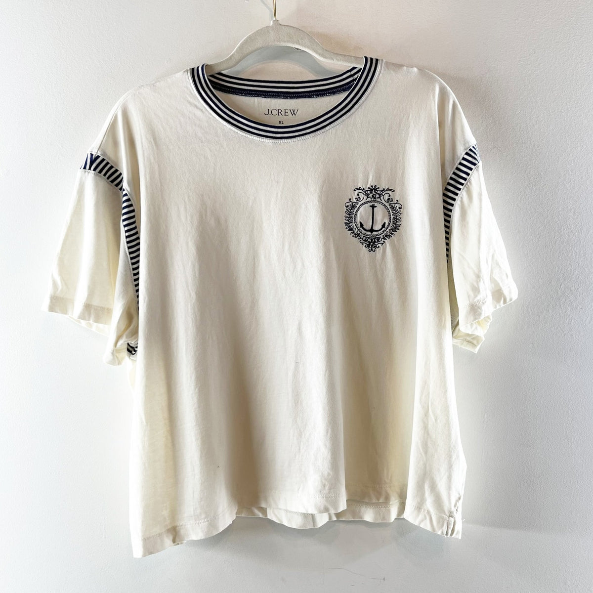 J. Crew Anchor Crest Short Sleeve T Shirt with Striped Trim Cream White XL