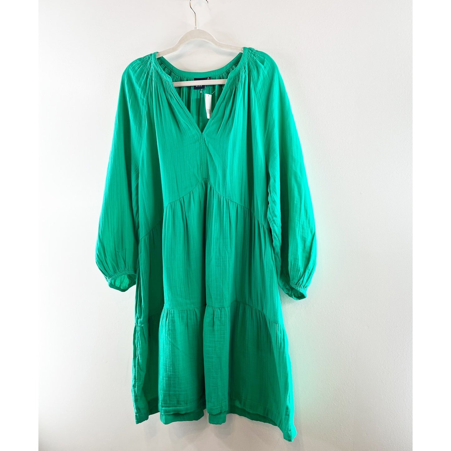 GAP Long Sleeve Crinkle Tiered V Neck Gauzy Cotton Mini Dress Simply Green XL T