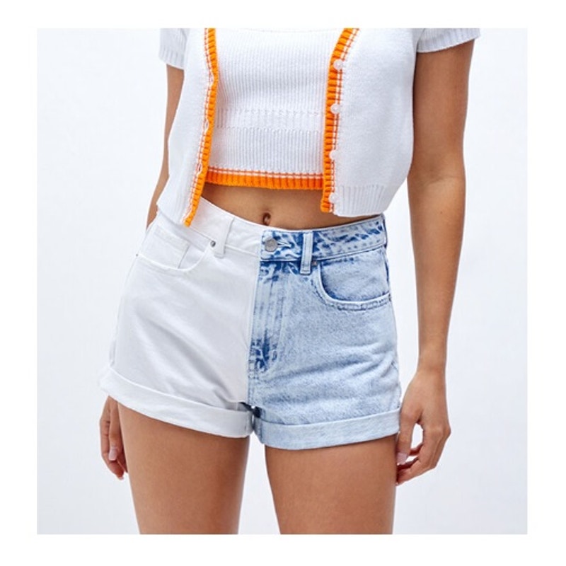 PacSun High Waisted Two-Tone Cuffed Hem Mom Shorts Blue White Denim 29