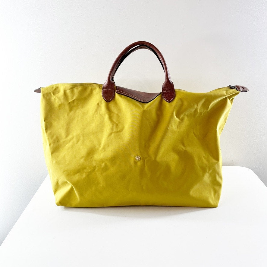 Longchamp Nylon Medium Le Pliage Tote Handbag Yellow Brown