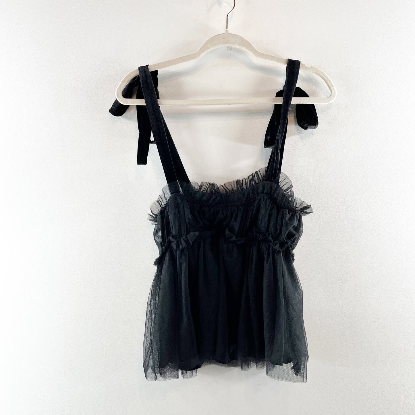 Sunday In Brooklyn Anthropologie Velvet Tie Strap Tulle Peplum Tank Top Black XS
