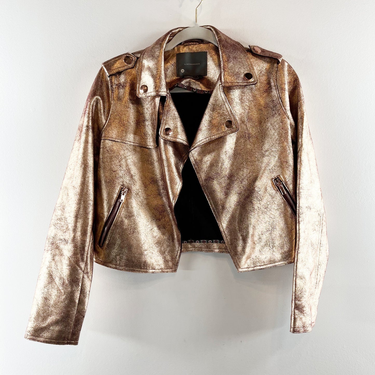 Anthropologie Brisa Metallic Cropped Faux Leather Moto Jacket Rose Gold Small
