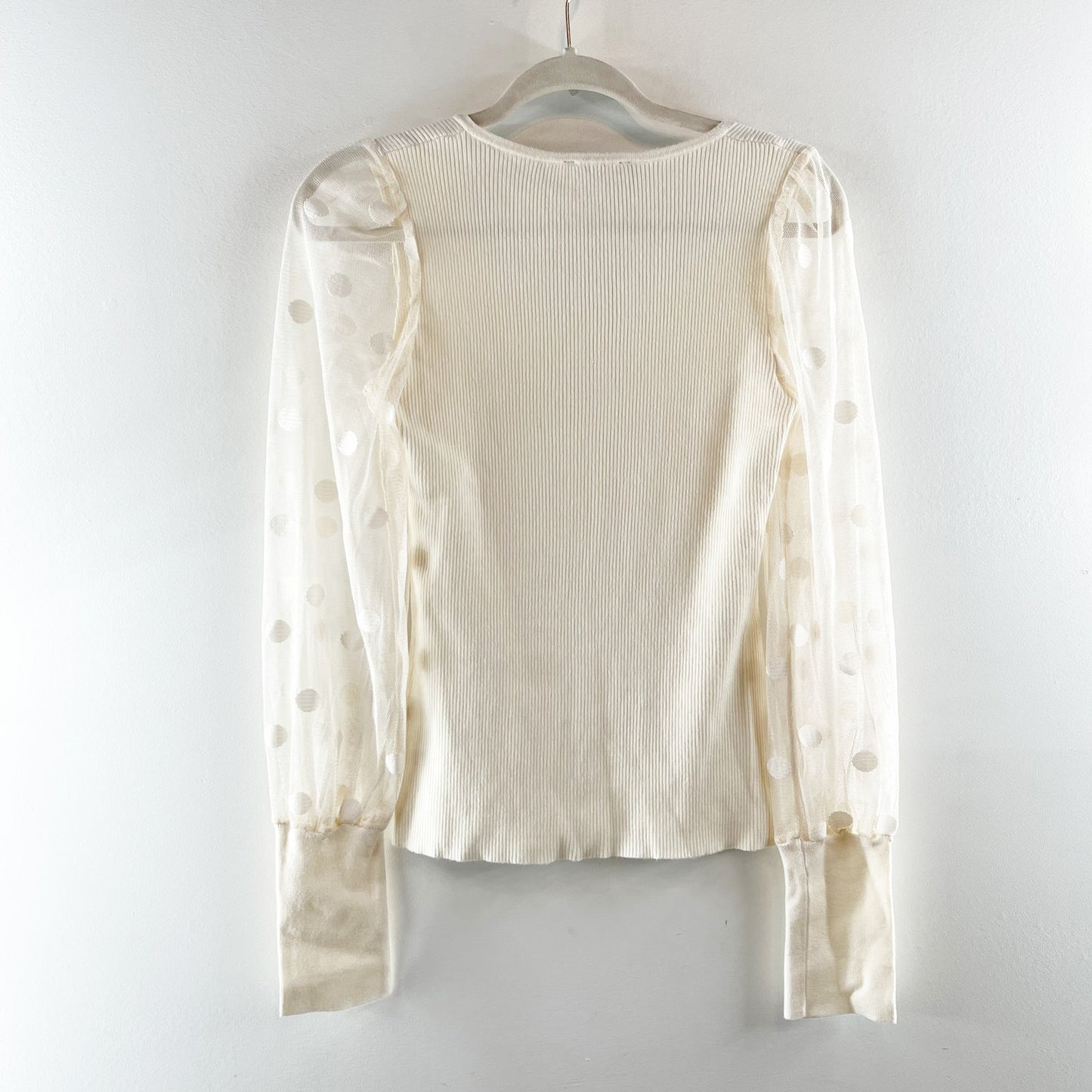 Vici Ribbed Square Neck Polka Dot Sheer Long Sleeve Sweater Blouse Ivory Medium