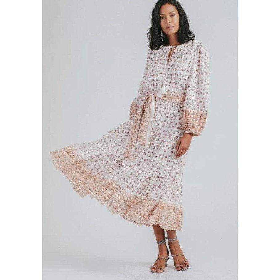 Cleobella Blakely Long Sleeve Tiered Peasant Midi Dress White Beige Large