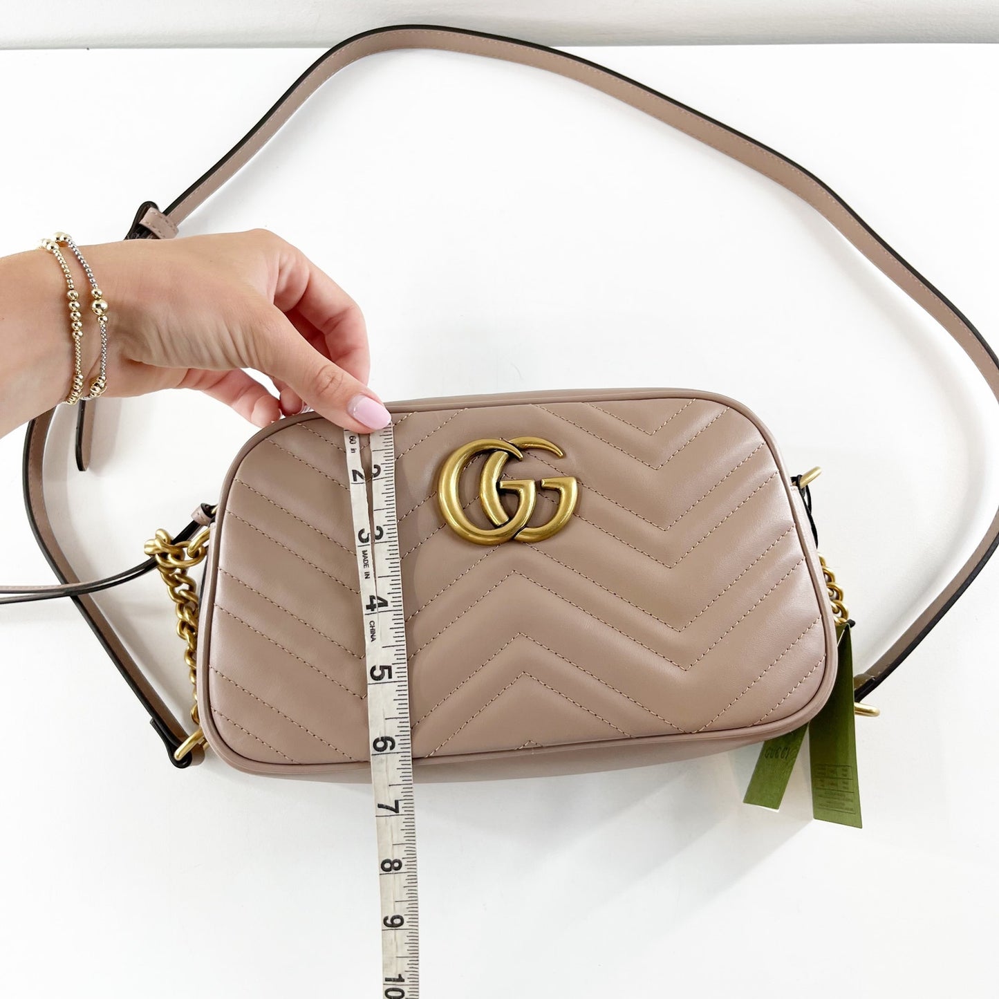 Gucci GG Marmont Chevron Camera Crossbody Bag Purse Porcelain Rose Lion Trap