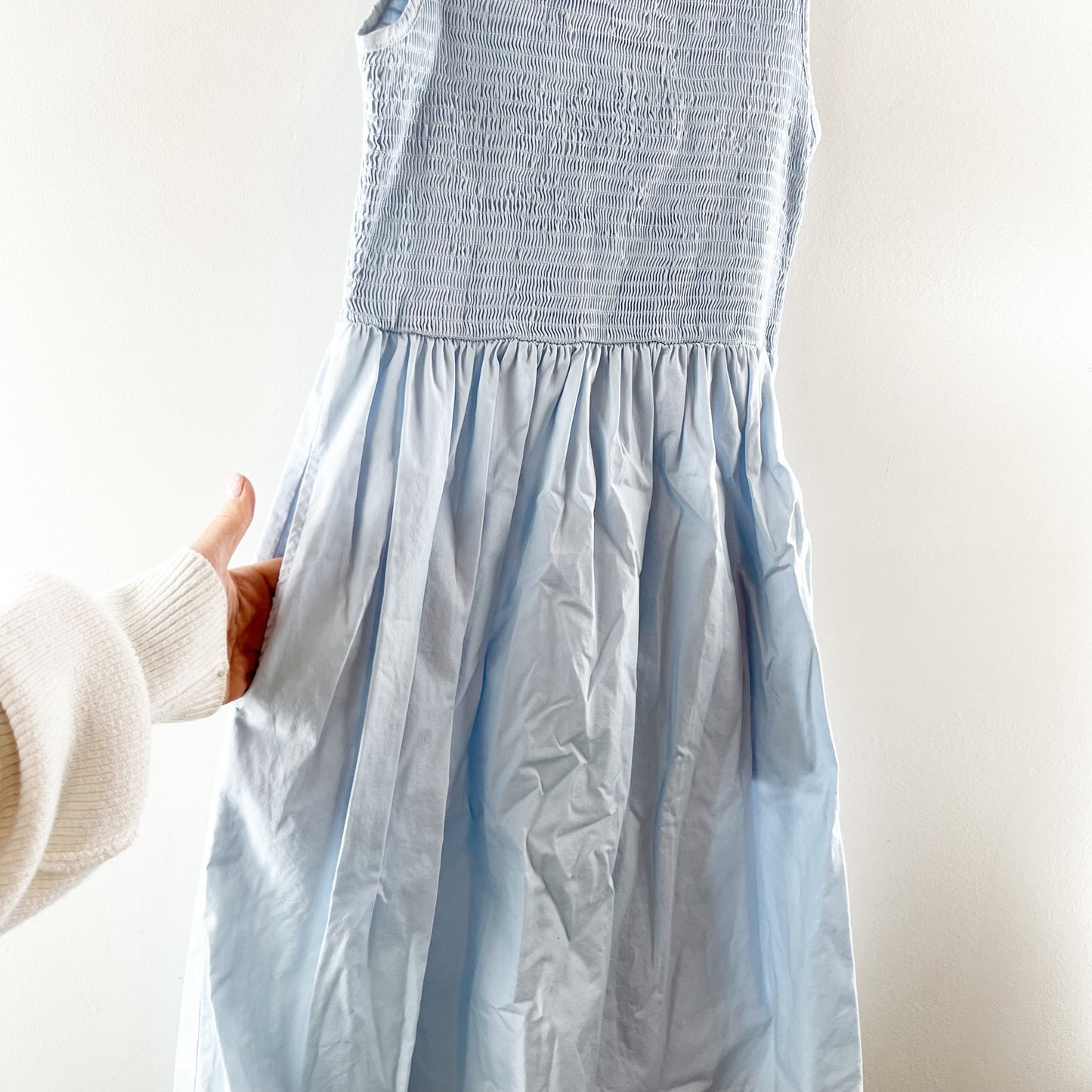 French Connection Cotton Rhodes Sleeveless Smocked Midi Dress Sky Blue Medium