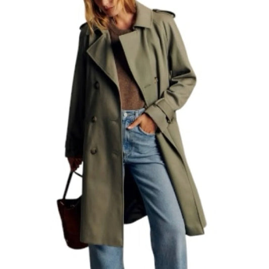 Sezane Midi Long Sleeve Belted Trench Coat Olive Green XS