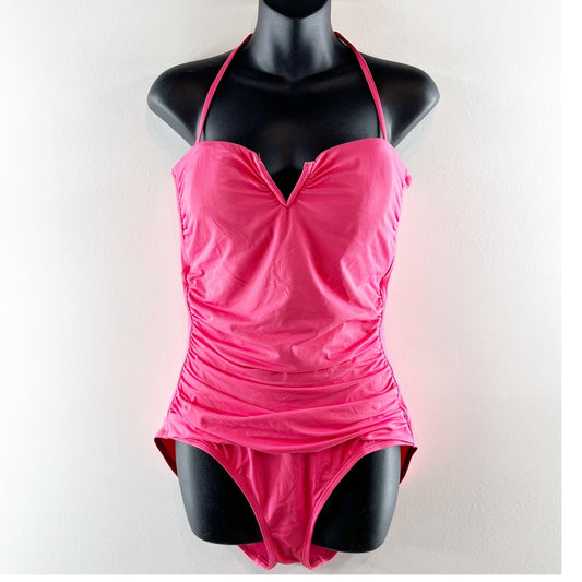 Tommy Bahama Halter Ruched V Cut One Piece Swimsuit Pink 12