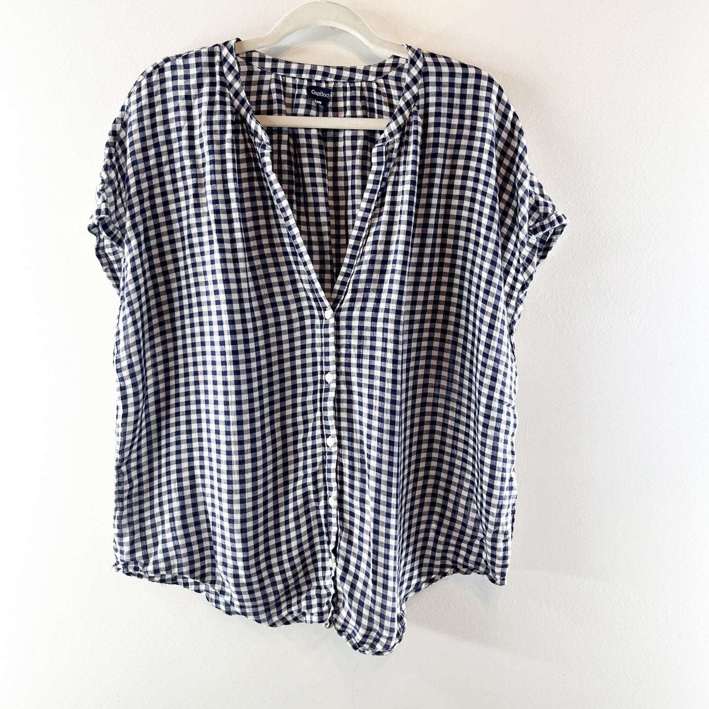 GAP Airy Dolman Short Sleeve Gingham Button Up Shirt Blue White XL