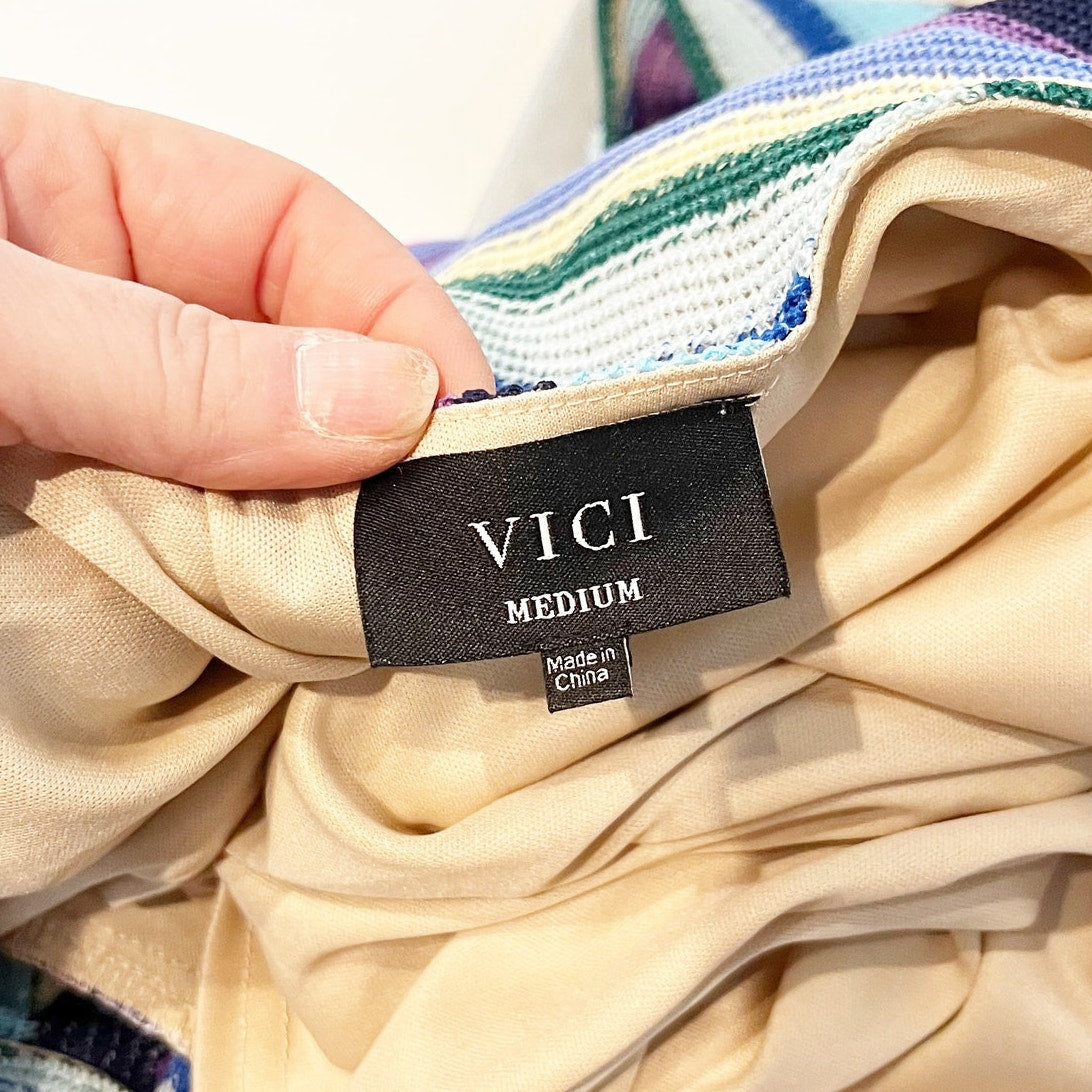 VICI Long Sleeve Striped Knit Rainbow Islas Maxi Dress Blue Purple Medium