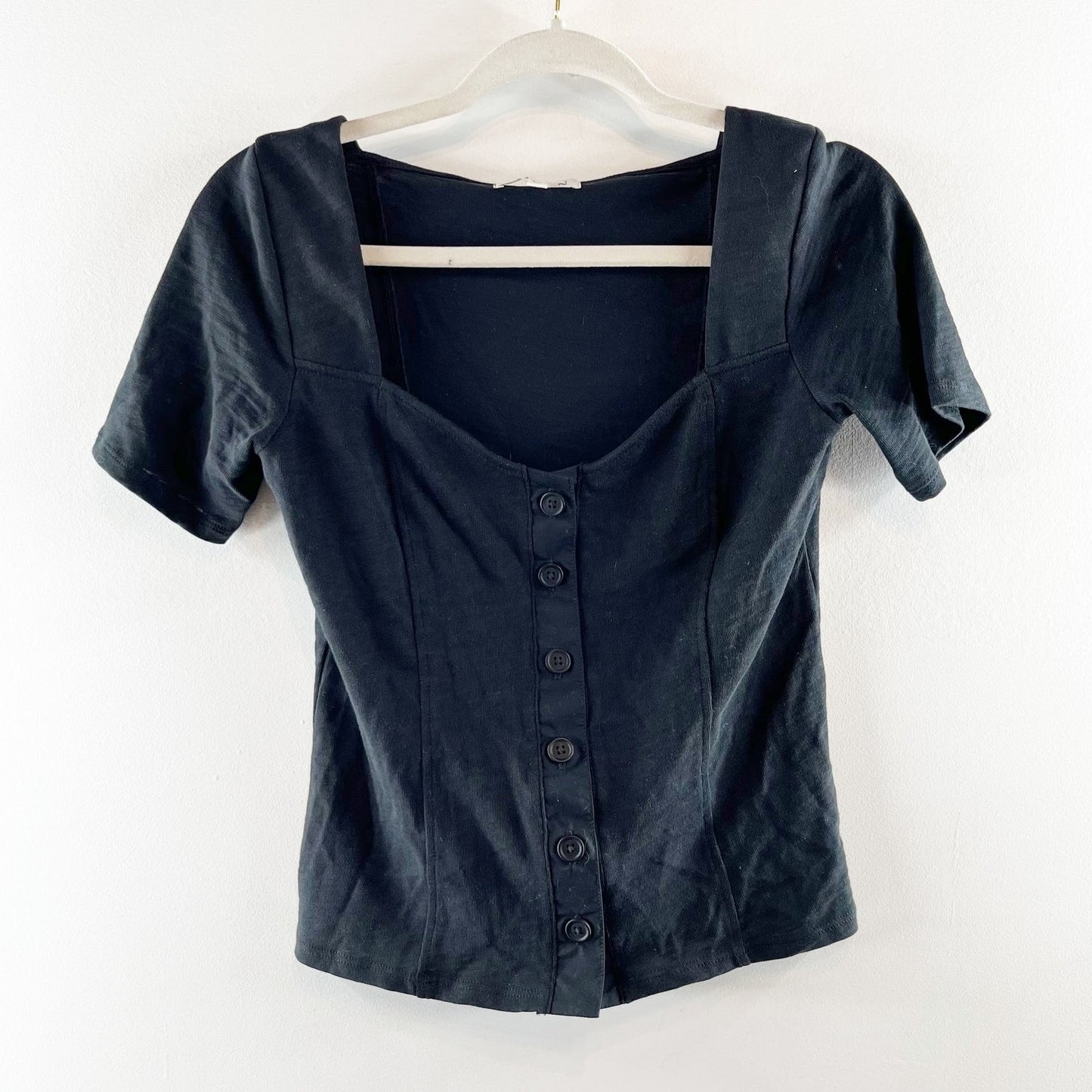 Nation Los Angeles Marcella Short Sleeve Button Up Top Tee Black XS