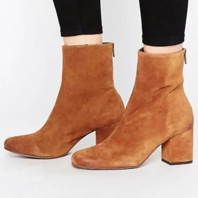 Free People Cecile Square Toe Block Heel Back Zip Suede Ankle Boots Brown 9.5