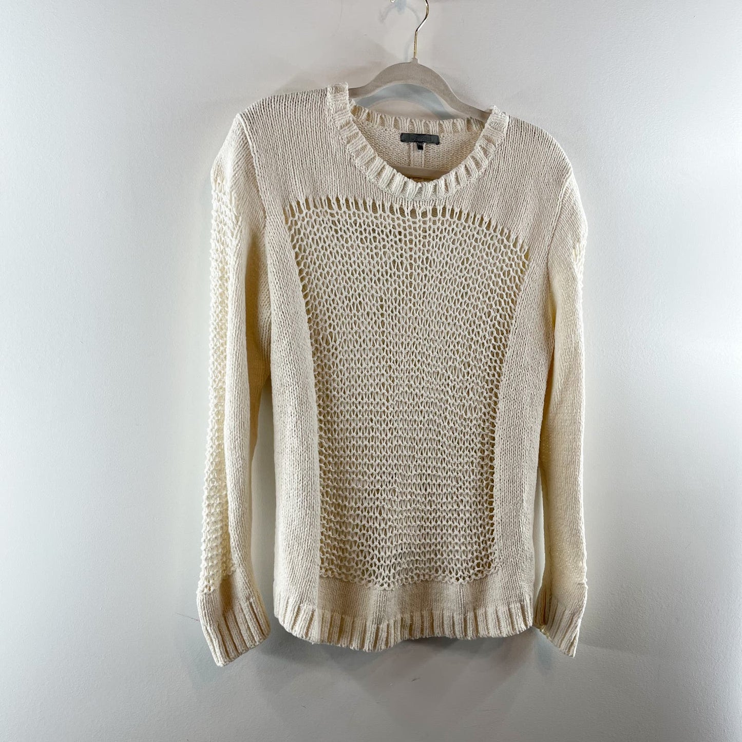 Theonne Anthropologie Crochet Crewneck Pullover Sweater Off White Ivory Medium