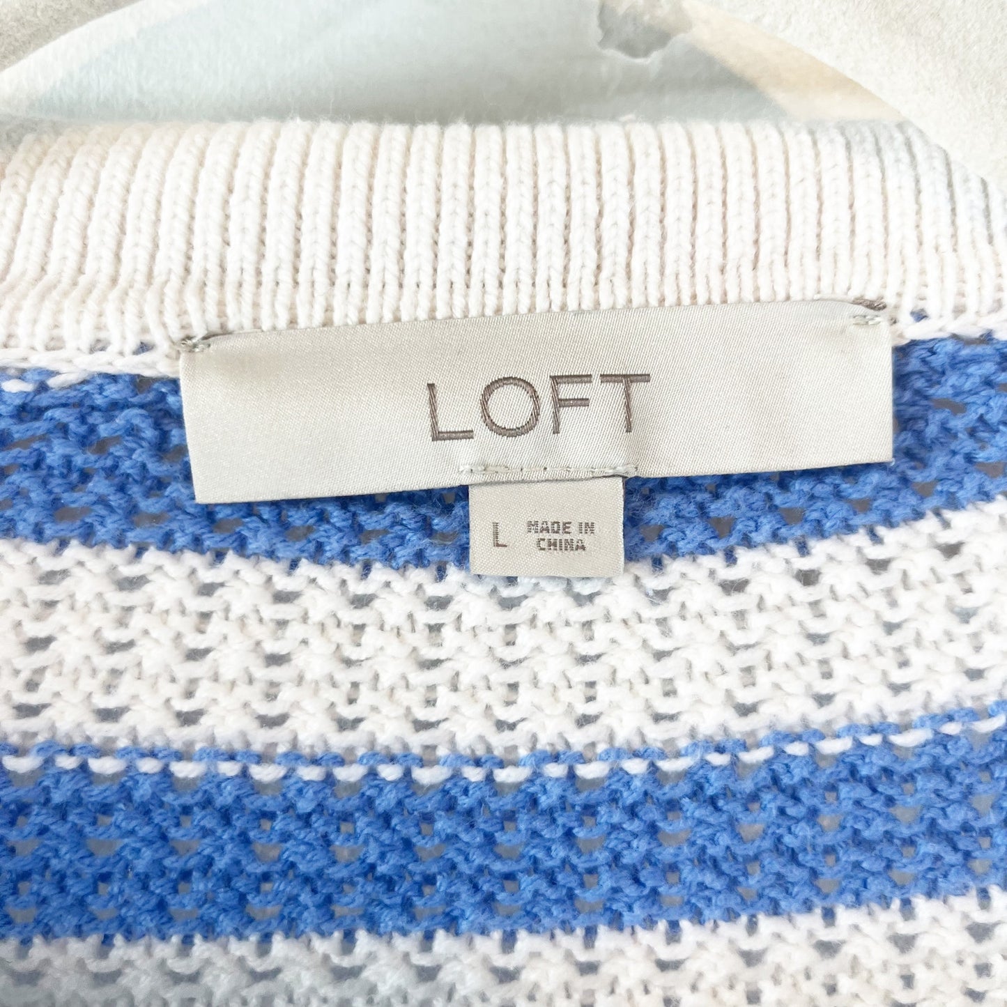 LOFT Striped Short Sleeve Collared Knit Pullover Sweater White Blue Large