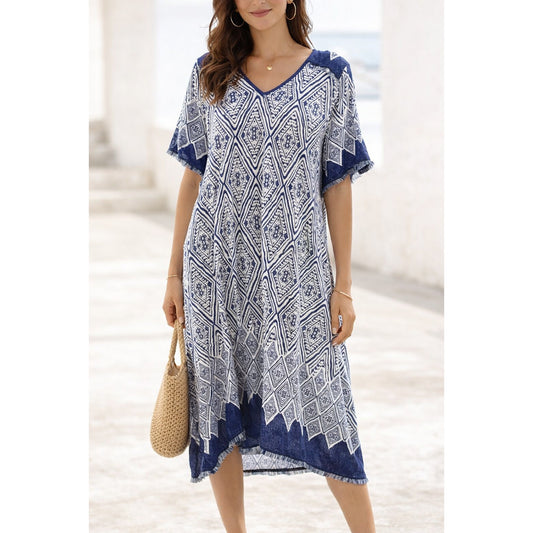 Lula Soul Short Sleeve Fringe Hem Kaftan Midi Printed Dress Blue Large