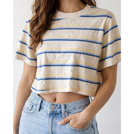 Sezane Short Sleeve Striped Cropped Boxy Tee Shirt Cream Blue XS