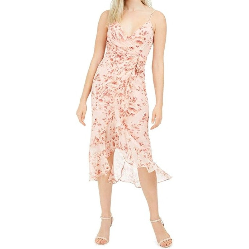 Bardot Floral Ruffle Faux Wrap Midi Slip Dress Pink 6