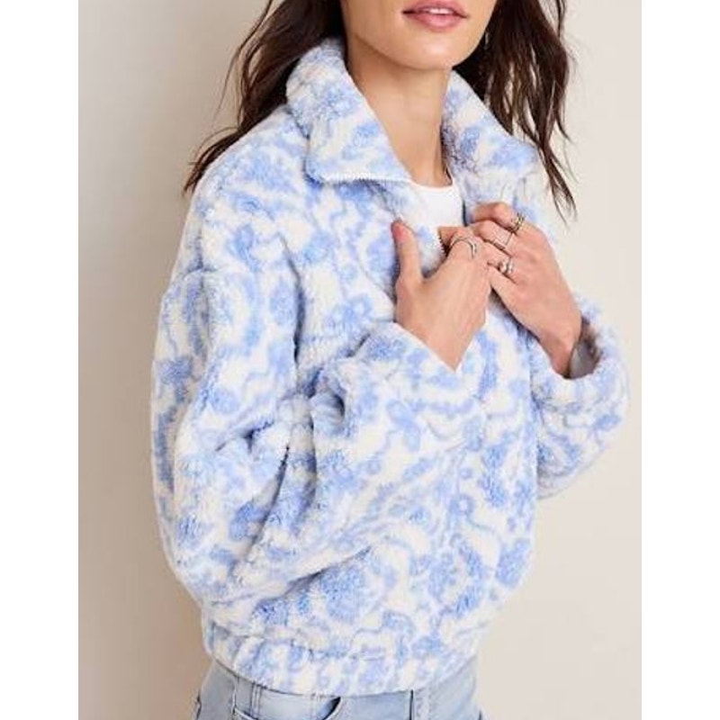 Stoosh Long Sleeve Sherpa Fleece Quarter Zip Pullover Jacket Blue White Small