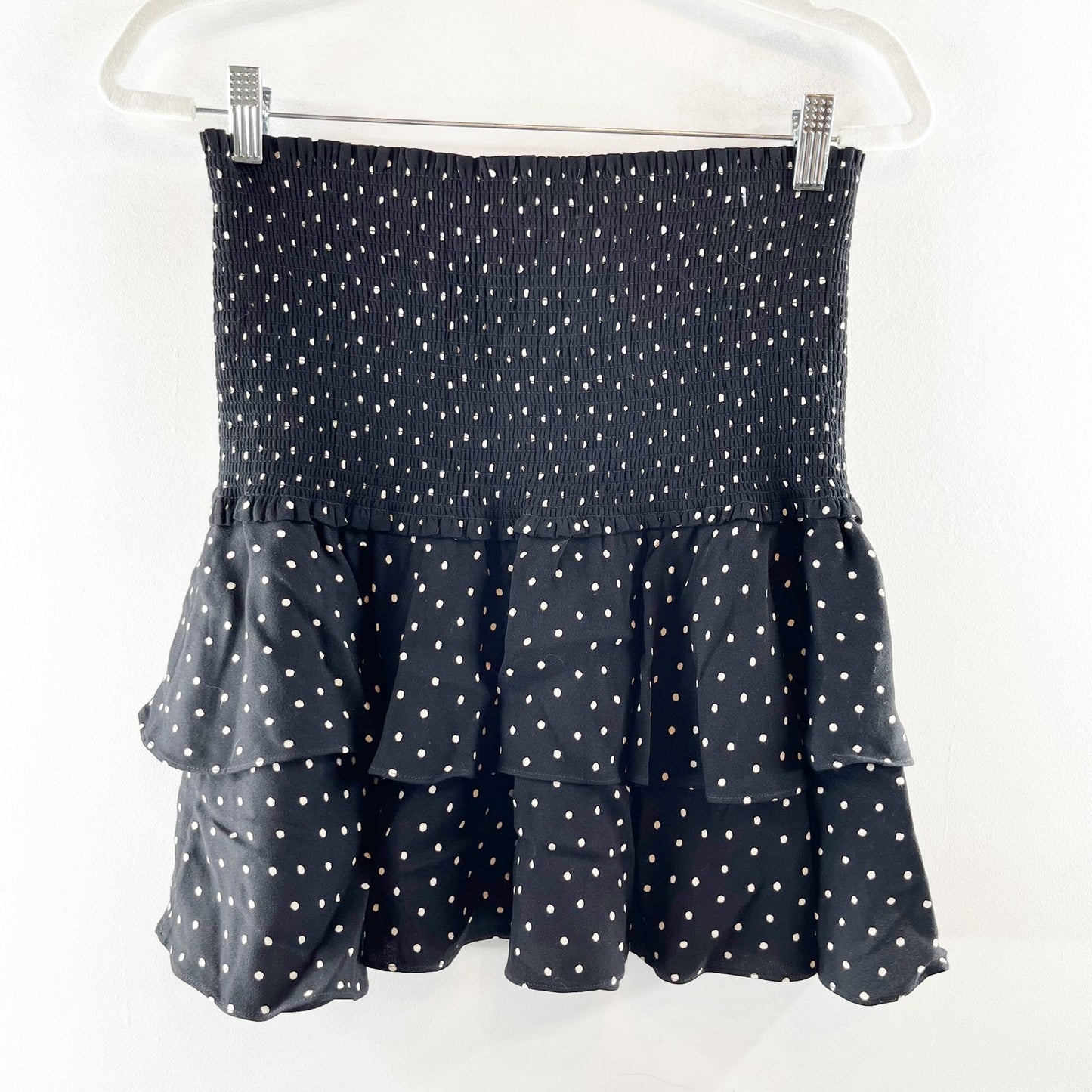 Aritzia Sunday Best Smocked Tiered Ruffle Polka Dot Mini Skirt Black Medium
