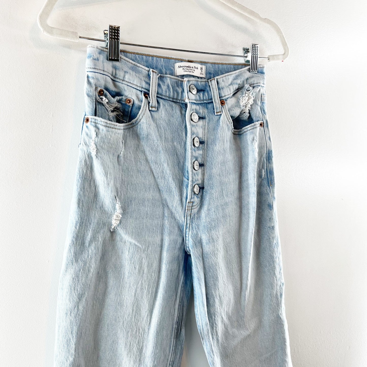 Abercrombie The Crop Wide Leg Ultra High Rise Raw Hem Light Wash Blue Jeans 2