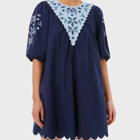 Pomander Place Tuckernuck Georgie Embroidered Puff Sleeve Mini Dress Navy XL