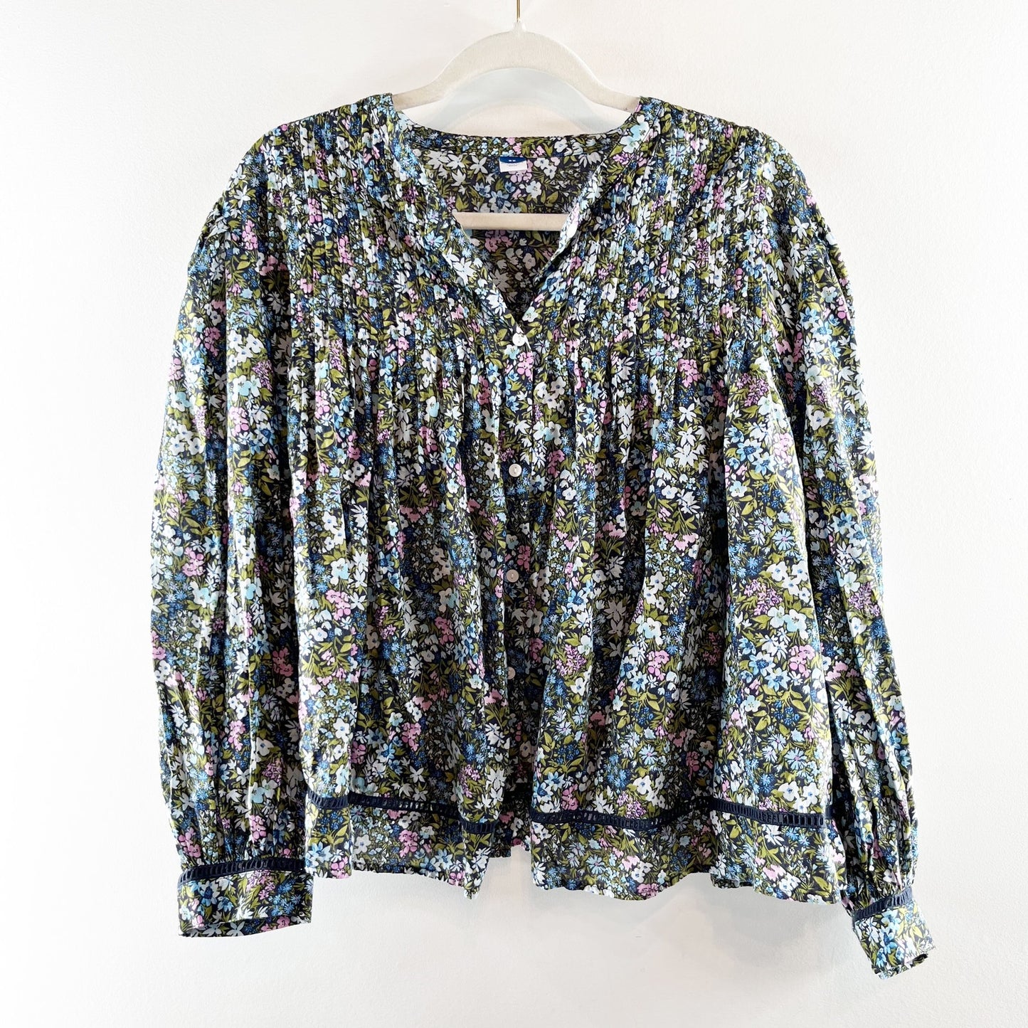 Old Navy Pintucked Cropped Boxy Long Sleeve Floral Blouse Shirt Blue Green 2X