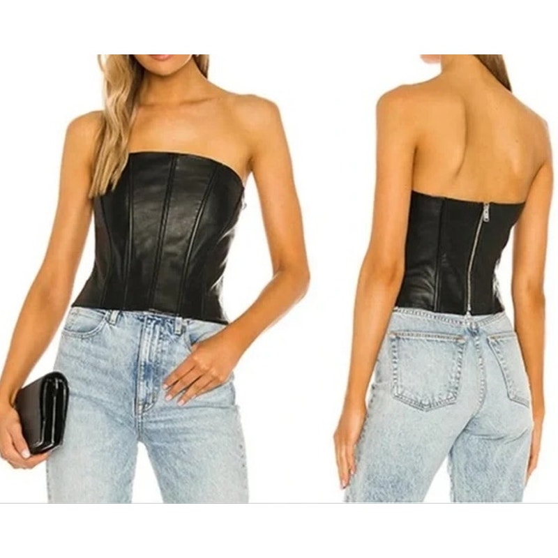 Lamarque Davina Strapless Lamb Leather Cropped Corset Tube Tank Top Black Small