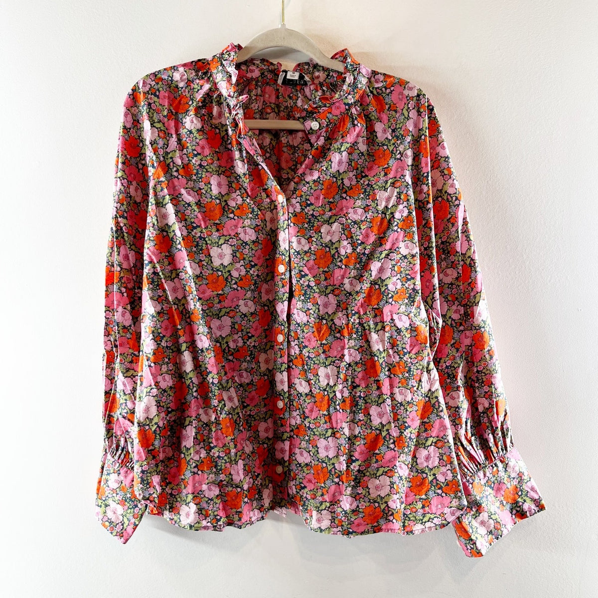 J. Crew Ruffleneck organic cotton top in Liberty Meadow Song fabric Pink 18