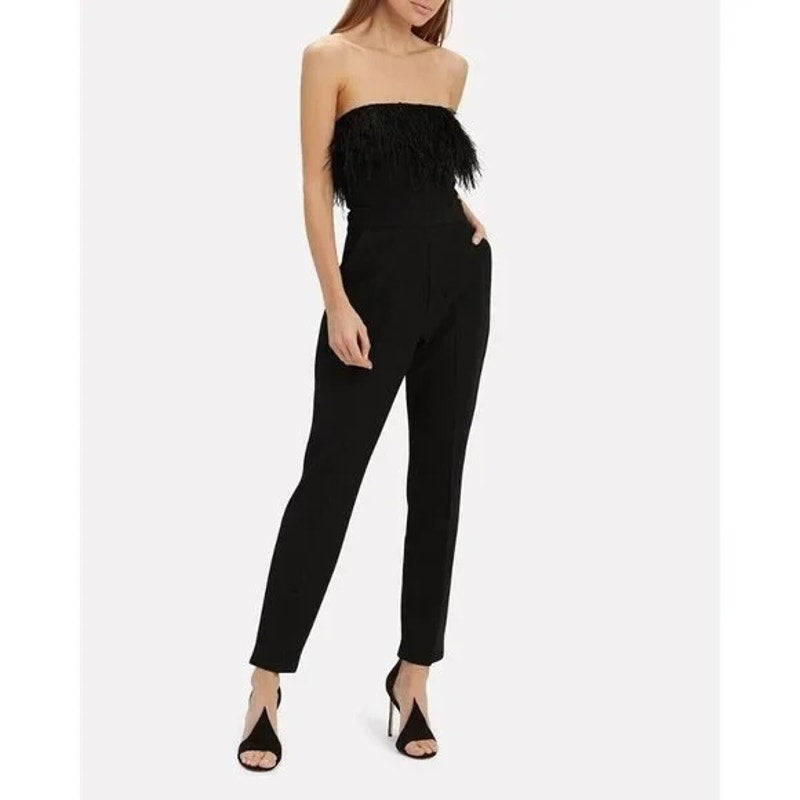 Saylor Janae Straight-Leg Strapless Jumpsuit with Feather Trim Black Medium