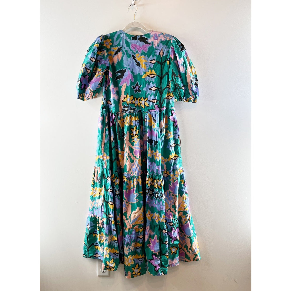 Oliphant 100% Cotton Puff Sleeve V-Neck Tiered Maxi Dress Bukhara Green XS