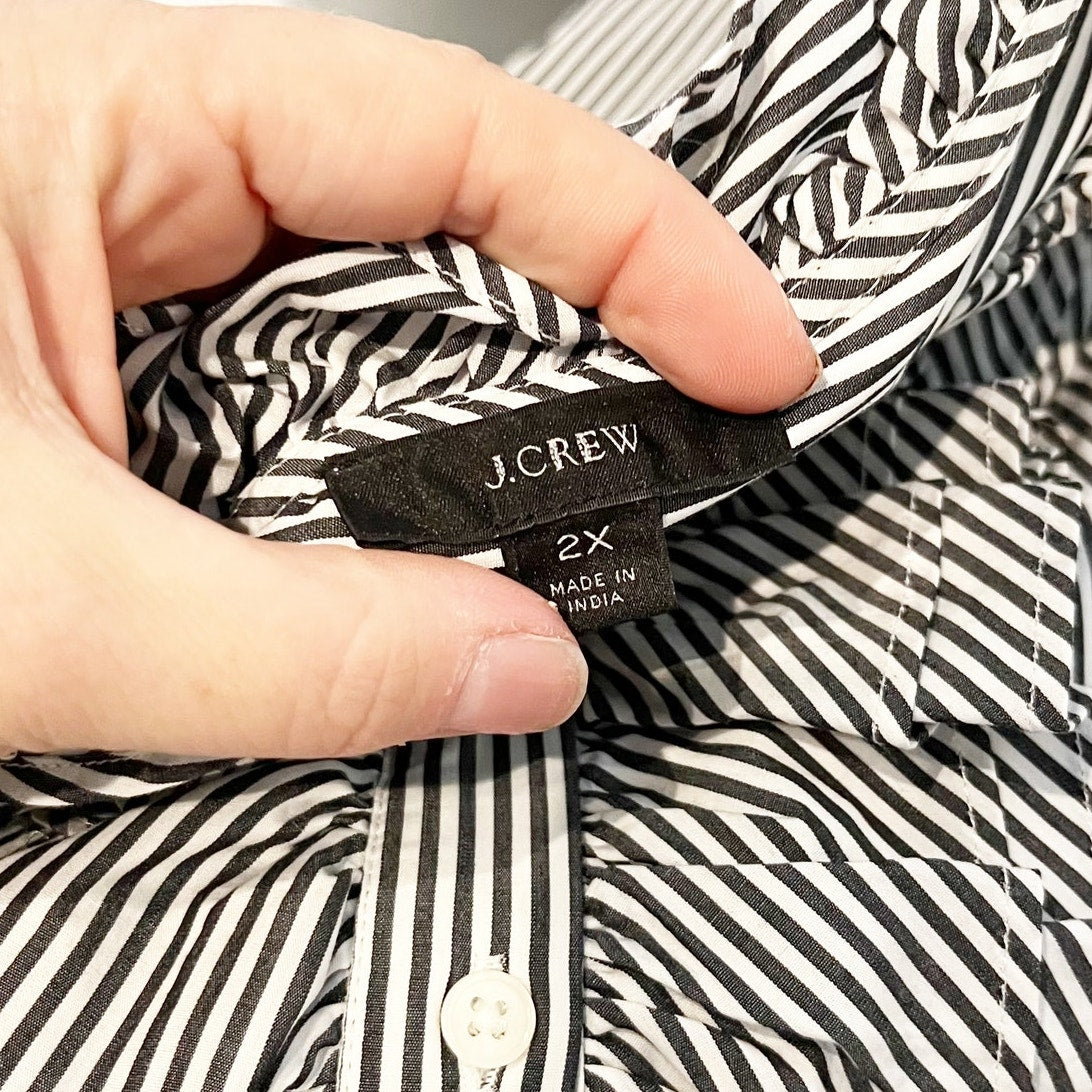 J. Crew Striped Long Sleeve Ruffle-Front Classic-Fit Boy Shirt Black White 2X