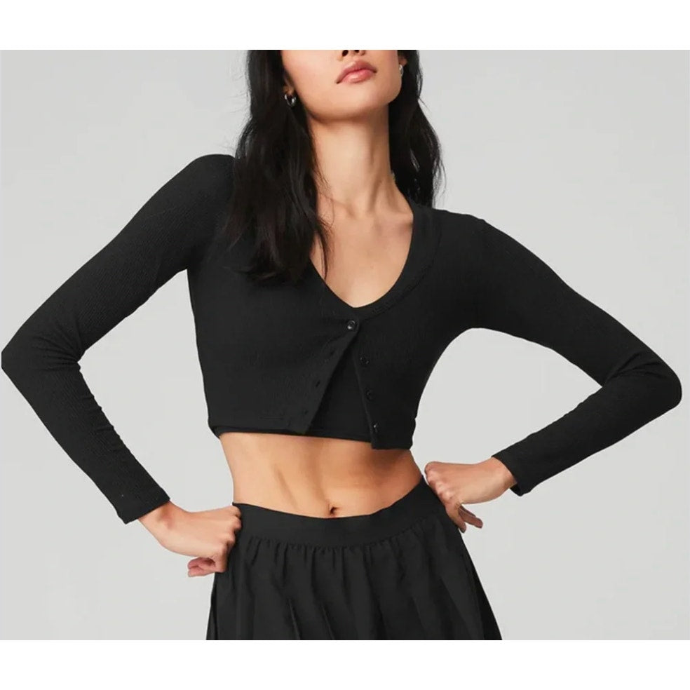 ALO Cropped Whisper Ribbed Cardigan Sweater Long Sleeve Black Small
