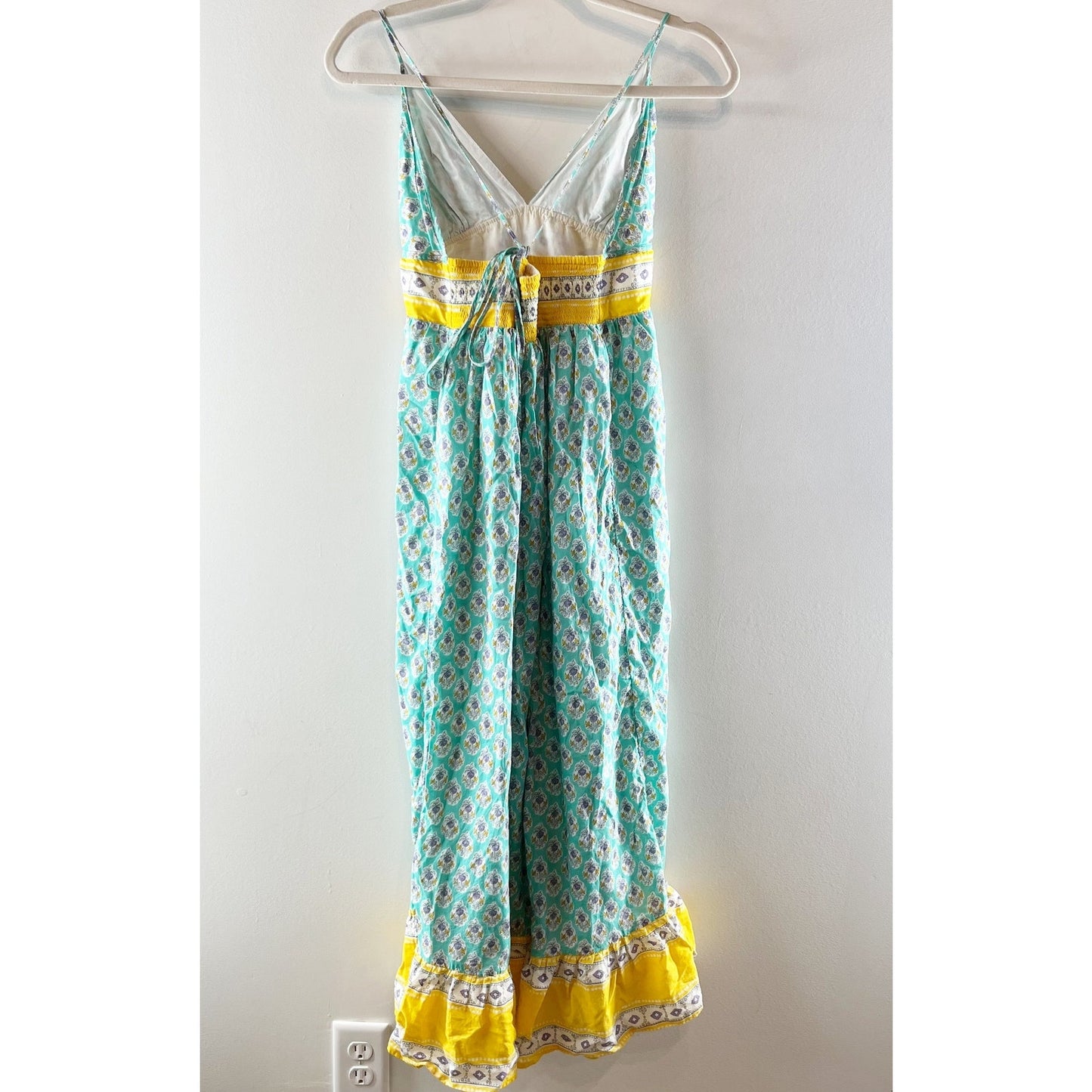 J. Crew Beach Criss Cross V Neck Maxi Sundress Dress Green Yellow Large