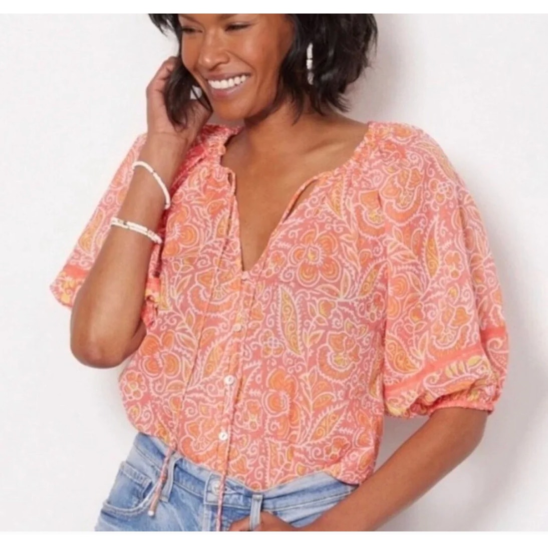 Cleobella Layla Short Puff Sleeve Button Front Tassel Drawstring Blouse Orange