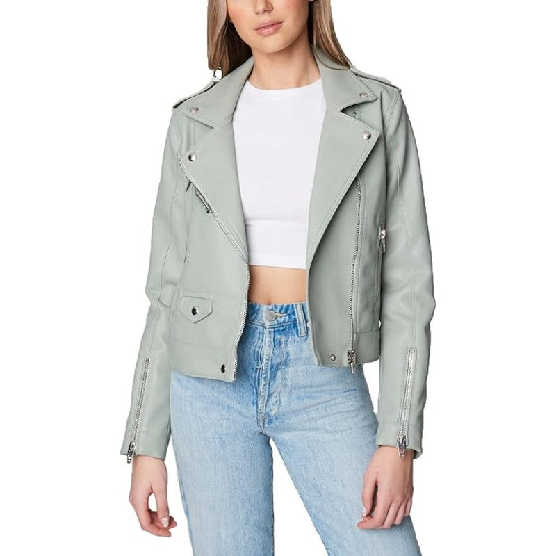 Blank NYC Play Act Vegan Leather Full Zip Moto Jacket Sage Green Large