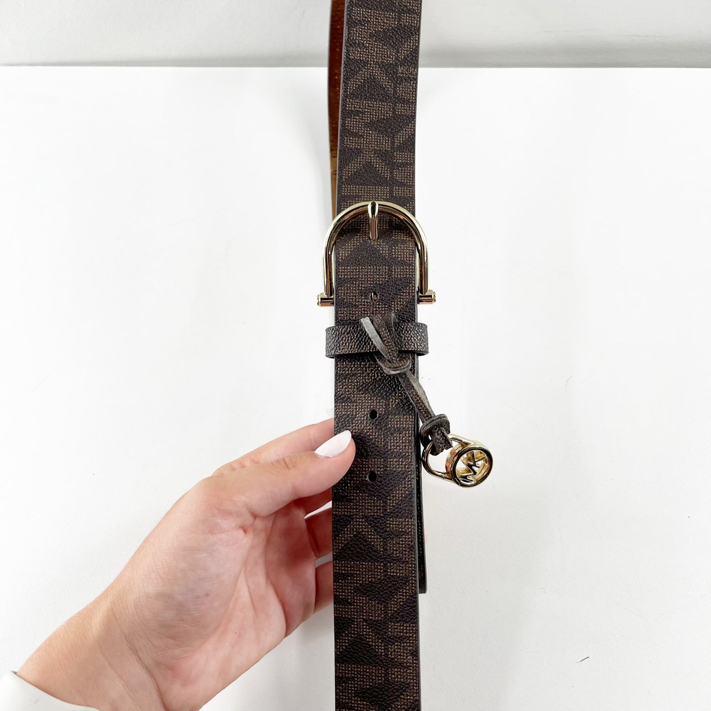 Michael Mickael Kors MK Monogram Gold Buckle Wide Belt Chocolate Brown Small
