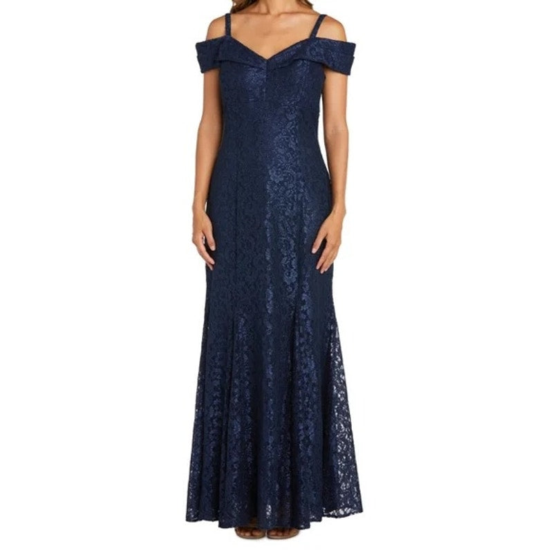 R&M Richards Off The Shoulder Lace Maxi Dress Gown Navy Blue 14