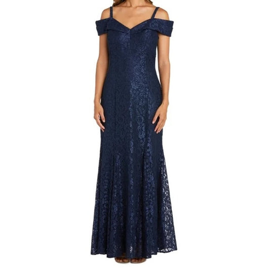R&M Richards Off The Shoulder Lace Maxi Dress Gown Navy Blue 14