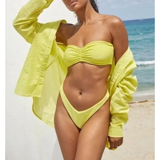 Jade Swim Ava Ruched Strapless Bandeau Top and Lure Bottoms Bikini Set Sorbet