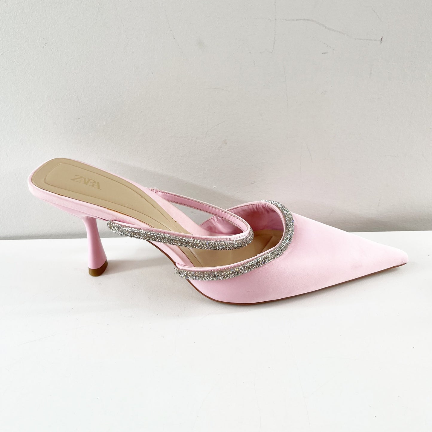 ZARA Pointed Toe Rhinestone Trim Mule Kitten Heel Shoes Pink 40 / 10